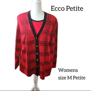 ECCO PETITES LONG SLEEVE BLOUSE RED/BLACK  PLAID SIZE M PETITE